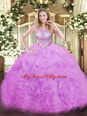 Lilac Organza Lace Up Scoop Sleeveless Floor Length 15th Birthday Dress Beading and Ruffles and Pick Ups