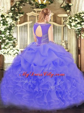 Lilac Organza Lace Up Scoop Sleeveless Floor Length 15th Birthday Dress Beading and Ruffles and Pick Ups