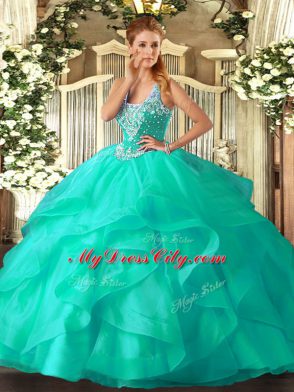 Elegant Turquoise Straps Neckline Beading and Ruffles Sweet 16 Quinceanera Dress Sleeveless Lace Up