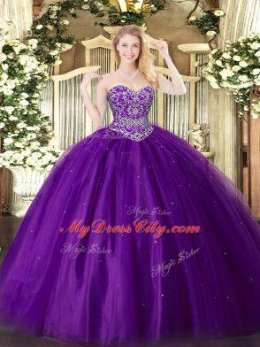 Sleeveless Tulle Floor Length Lace Up Quinceanera Gown in Purple with Beading