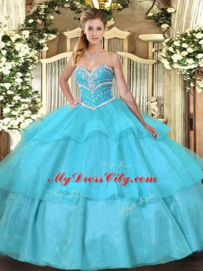 Fitting Aqua Blue Tulle Lace Up Sweet 16 Dresses Sleeveless Floor Length Beading and Ruffled Layers