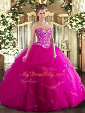 Fuchsia Sweetheart Lace Up Embroidery and Ruffles Sweet 16 Dress Sleeveless