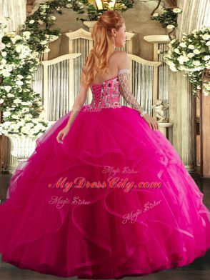 Fuchsia Sweetheart Lace Up Embroidery and Ruffles Sweet 16 Dress Sleeveless