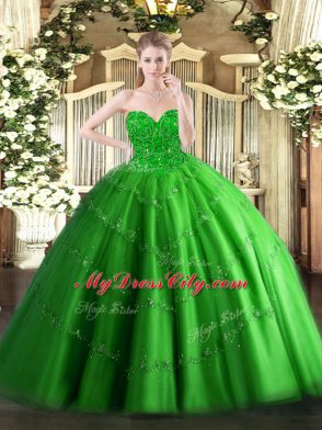 Simple Green Ball Gowns Tulle Sweetheart Sleeveless Appliques Floor Length Lace Up 15 Quinceanera Dress