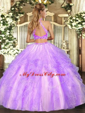 Tulle Halter Top Sleeveless Criss Cross Beading and Ruffled Layers Quince Ball Gowns in Lavender