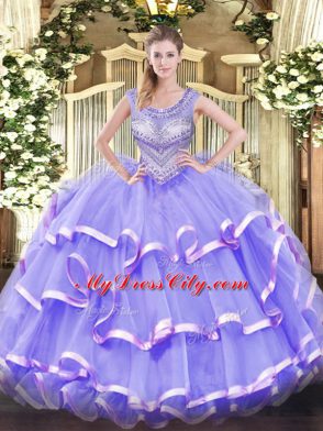 Lavender 15 Quinceanera Dress Military Ball and Sweet 16 and Quinceanera with Beading and Ruffled Layers Scoop Sleeveless Lace Up