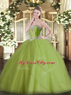 Olive Green Ball Gowns Tulle Sweetheart Sleeveless Beading Lace Up Quinceanera Dresses Brush Train