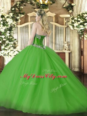 Olive Green Ball Gowns Tulle Sweetheart Sleeveless Beading Lace Up Quinceanera Dresses Brush Train