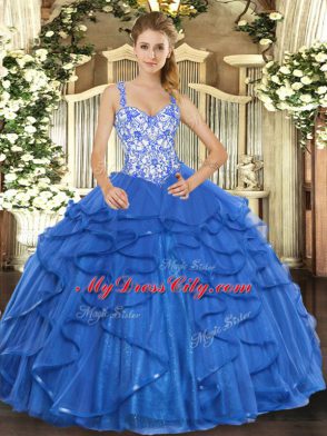 Blue Sleeveless Beading and Appliques and Ruffles Floor Length 15th Birthday Dress