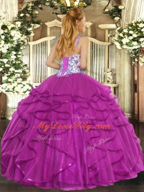 Blue Sleeveless Beading and Appliques and Ruffles Floor Length 15th Birthday Dress