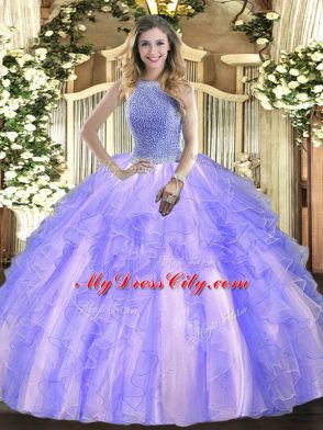 Lavender Sleeveless Floor Length Beading and Ruffles Lace Up 15th Birthday Dress