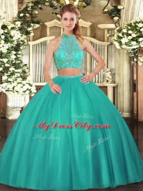 Tulle Sleeveless Floor Length 15 Quinceanera Dress and Beading