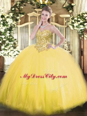 Adorable Gold Tulle Lace Up Sweetheart Sleeveless Floor Length Sweet 16 Dress Appliques