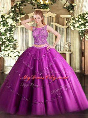 Fuchsia Tulle Lace Up Sweet 16 Quinceanera Dress Sleeveless Floor Length Beading and Appliques