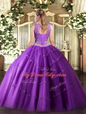 Fuchsia Tulle Lace Up Sweet 16 Quinceanera Dress Sleeveless Floor Length Beading and Appliques