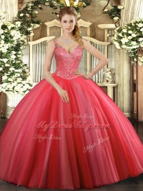 Shining Coral Red Tulle Lace Up V-neck Sleeveless Floor Length Sweet 16 Dress Beading