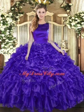 Purple Organza Lace Up Quinceanera Gowns Sleeveless Floor Length Ruffles