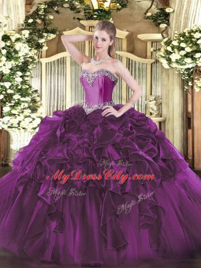 Dazzling Sleeveless Organza Floor Length Lace Up Quinceanera Gown in Purple with Beading and Ruffles