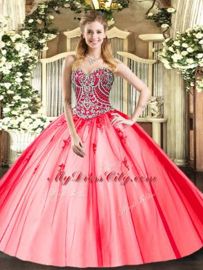 Coral Red Ball Gowns Tulle Sweetheart Sleeveless Beading and Appliques Floor Length Lace Up 15 Quinceanera Dress