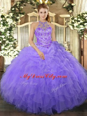 Lavender Lace Up Halter Top Beading and Ruffles Sweet 16 Dresses Organza Sleeveless