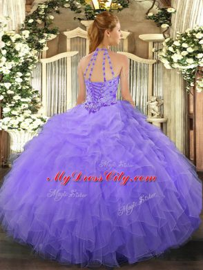 Lavender Lace Up Halter Top Beading and Ruffles Sweet 16 Dresses Organza Sleeveless