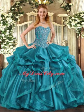 Noble Sweetheart Sleeveless 15 Quinceanera Dress Floor Length Beading and Ruffles Teal Organza