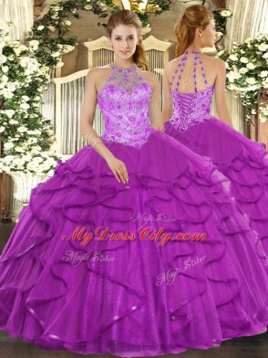 Pretty Purple Ball Gowns Halter Top Sleeveless Organza Floor Length Lace Up Beading and Ruffles Sweet 16 Dresses