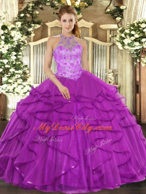 Pretty Purple Ball Gowns Halter Top Sleeveless Organza Floor Length Lace Up Beading and Ruffles Sweet 16 Dresses