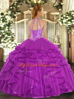 Pretty Purple Ball Gowns Halter Top Sleeveless Organza Floor Length Lace Up Beading and Ruffles Sweet 16 Dresses