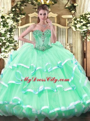 Flare Floor Length Apple Green 15th Birthday Dress Sweetheart Sleeveless Lace Up