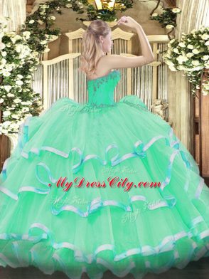 Flare Floor Length Apple Green 15th Birthday Dress Sweetheart Sleeveless Lace Up