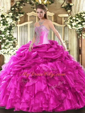 Dazzling Sleeveless Organza Floor Length Lace Up Quinceanera Dresses in Hot Pink with Beading and Ruffles and Pick Ups