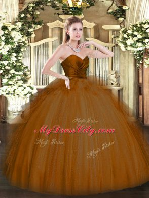 Elegant Brown Ball Gowns Sweetheart Sleeveless Tulle Floor Length Zipper Ruffles Sweet 16 Dress