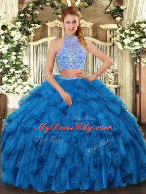 Cute Halter Top Sleeveless Criss Cross Quinceanera Gown Blue Organza