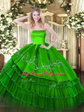 Green Strapless Neckline Embroidery and Ruffled Layers 15th Birthday Dress Sleeveless Zipper