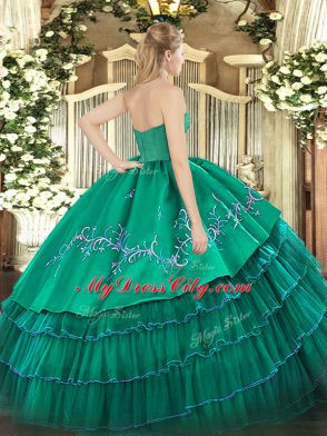 Green Strapless Neckline Embroidery and Ruffled Layers 15th Birthday Dress Sleeveless Zipper