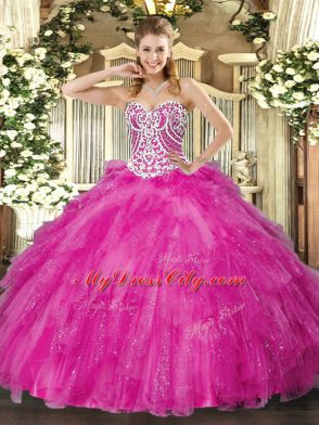 Fuchsia Tulle Lace Up Sweetheart Sleeveless Floor Length Quinceanera Gown Beading and Ruffles