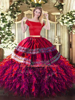 Floor Length Two Pieces Short Sleeves Fuchsia Quince Ball Gowns Zipper