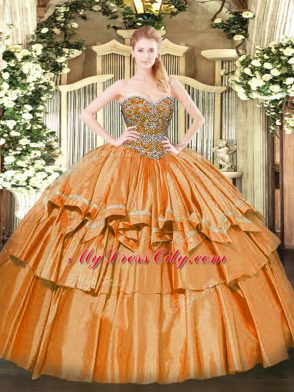 Floor Length Lace Up Quinceanera Gown Orange for Military Ball and Sweet 16 and Quinceanera with Beading and Ruffled Layers