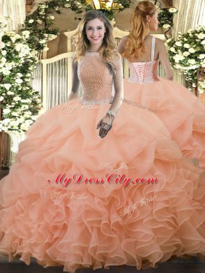 Floor Length Lace Up 15 Quinceanera Dress Peach for Military Ball and Sweet 16 and Quinceanera with Beading and Ruffles and Pick Ups