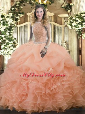 Floor Length Lace Up 15 Quinceanera Dress Peach for Military Ball and Sweet 16 and Quinceanera with Beading and Ruffles and Pick Ups