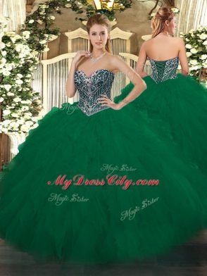 Deluxe Dark Green Ball Gowns Sweetheart Sleeveless Tulle Floor Length Lace Up Beading and Ruffles Quinceanera Dresses