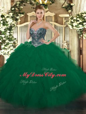 Deluxe Dark Green Ball Gowns Sweetheart Sleeveless Tulle Floor Length Lace Up Beading and Ruffles Quinceanera Dresses