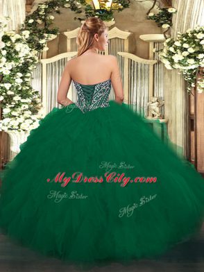 Deluxe Dark Green Ball Gowns Sweetheart Sleeveless Tulle Floor Length Lace Up Beading and Ruffles Quinceanera Dresses