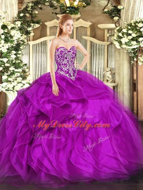 Fantastic Fuchsia Ball Gowns Beading and Ruffles Sweet 16 Dress Lace Up Organza Sleeveless Floor Length