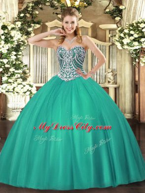 Free and Easy Turquoise Tulle Lace Up Ball Gown Prom Dress Sleeveless Floor Length Beading