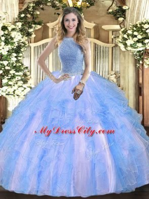 Fantastic Baby Blue Tulle Lace Up High-neck Sleeveless Floor Length Quince Ball Gowns Beading and Ruffles