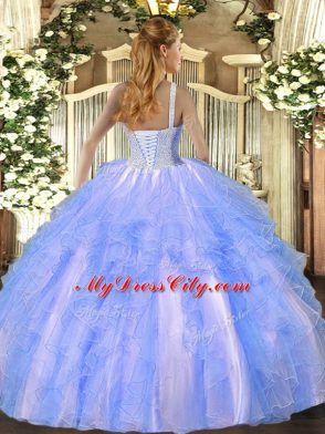 Fantastic Baby Blue Tulle Lace Up High-neck Sleeveless Floor Length Quince Ball Gowns Beading and Ruffles