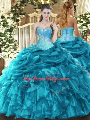 Delicate Sweetheart Sleeveless Quinceanera Gowns Floor Length Beading and Ruffles and Pick Ups Teal Organza