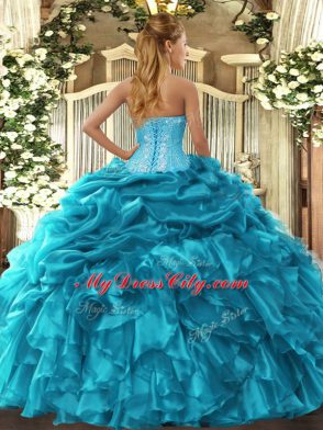 Delicate Sweetheart Sleeveless Quinceanera Gowns Floor Length Beading and Ruffles and Pick Ups Teal Organza